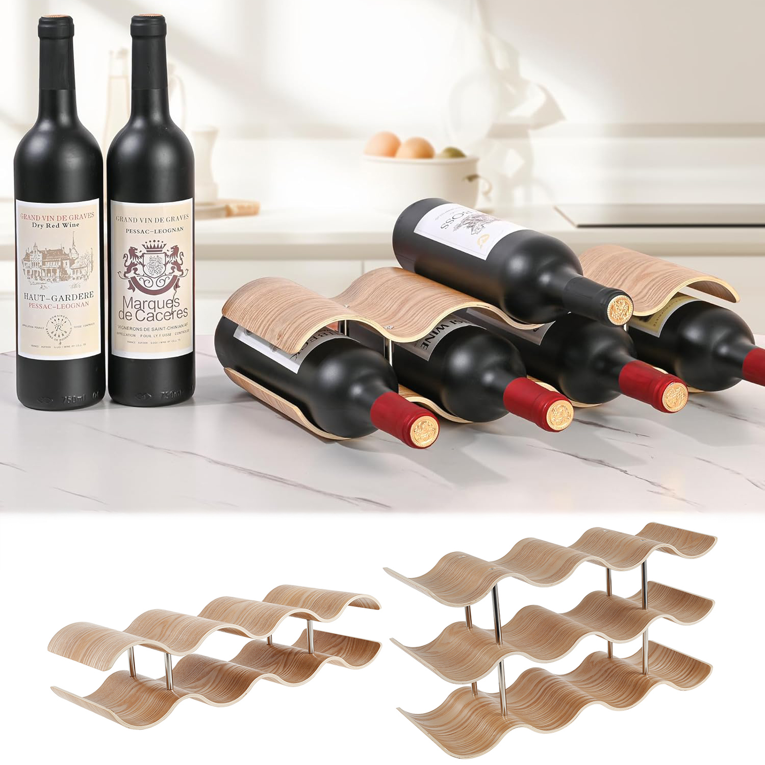 Kitchen Appliances Holder - 2/3-Tier Wooden Wine Rack Wavy Wine