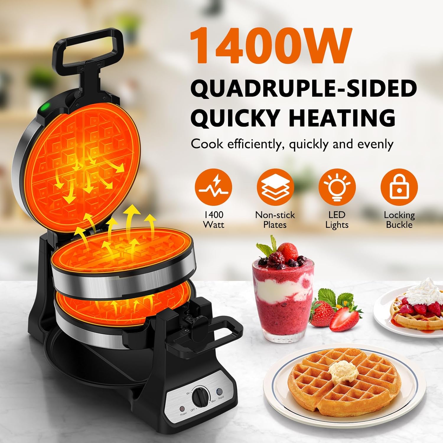 1400W Double Belgian Waffle Ma - Waffle Iron Belgian のレビューと価格