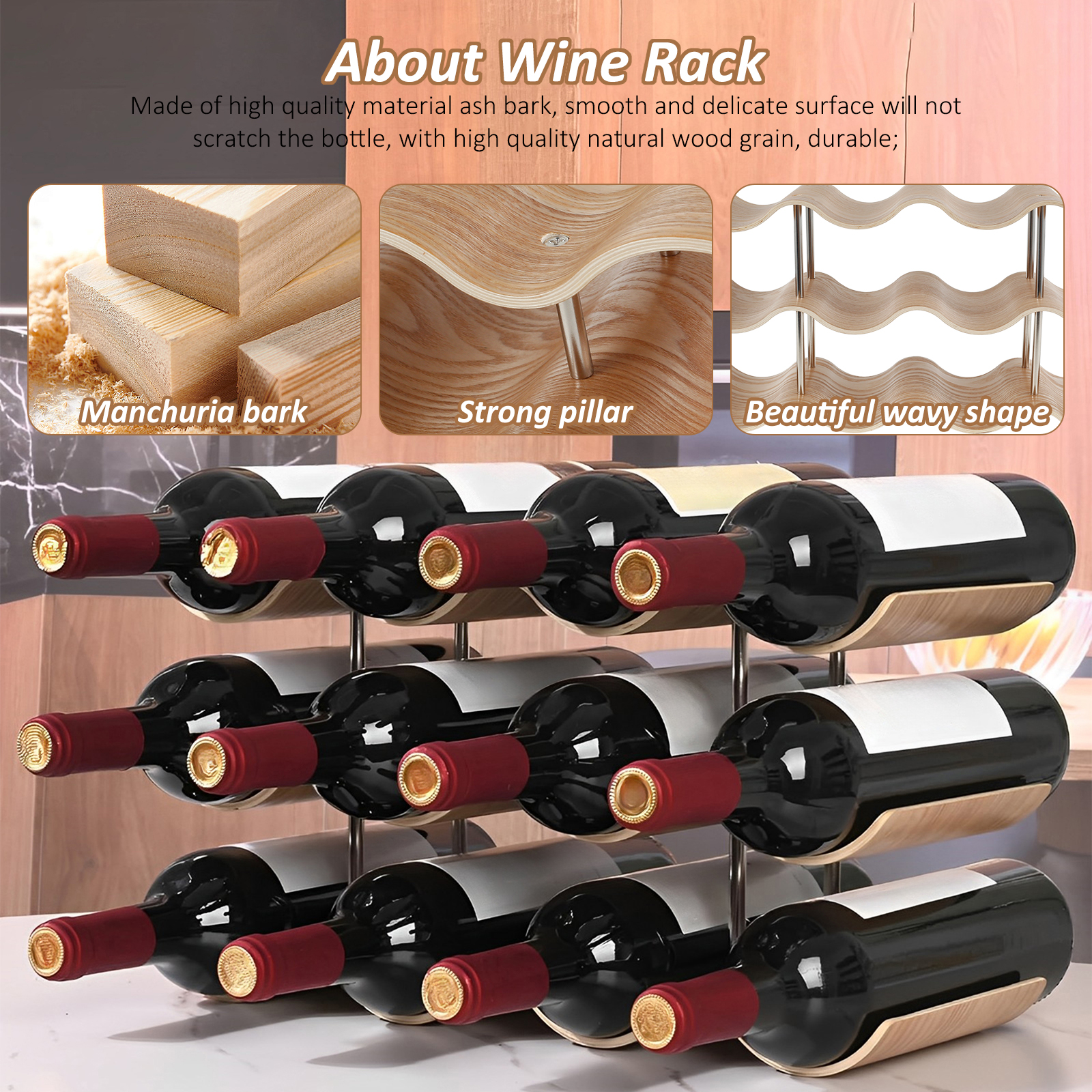 2/3-Tier Wooden Wine Rack Wavy - Kitchen Appliances Holder のレビューと価格